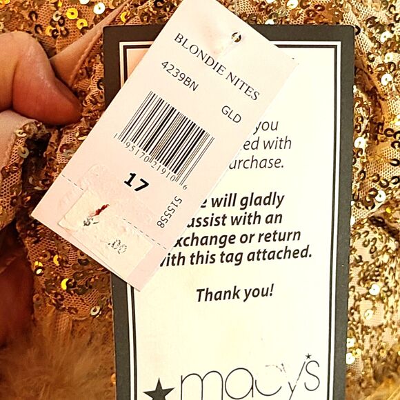 New BLONDIE NITES Jr's (17) Gold Sequined Feather-Trim Sheath Mini Dress $159 - Picture 12 of 12
